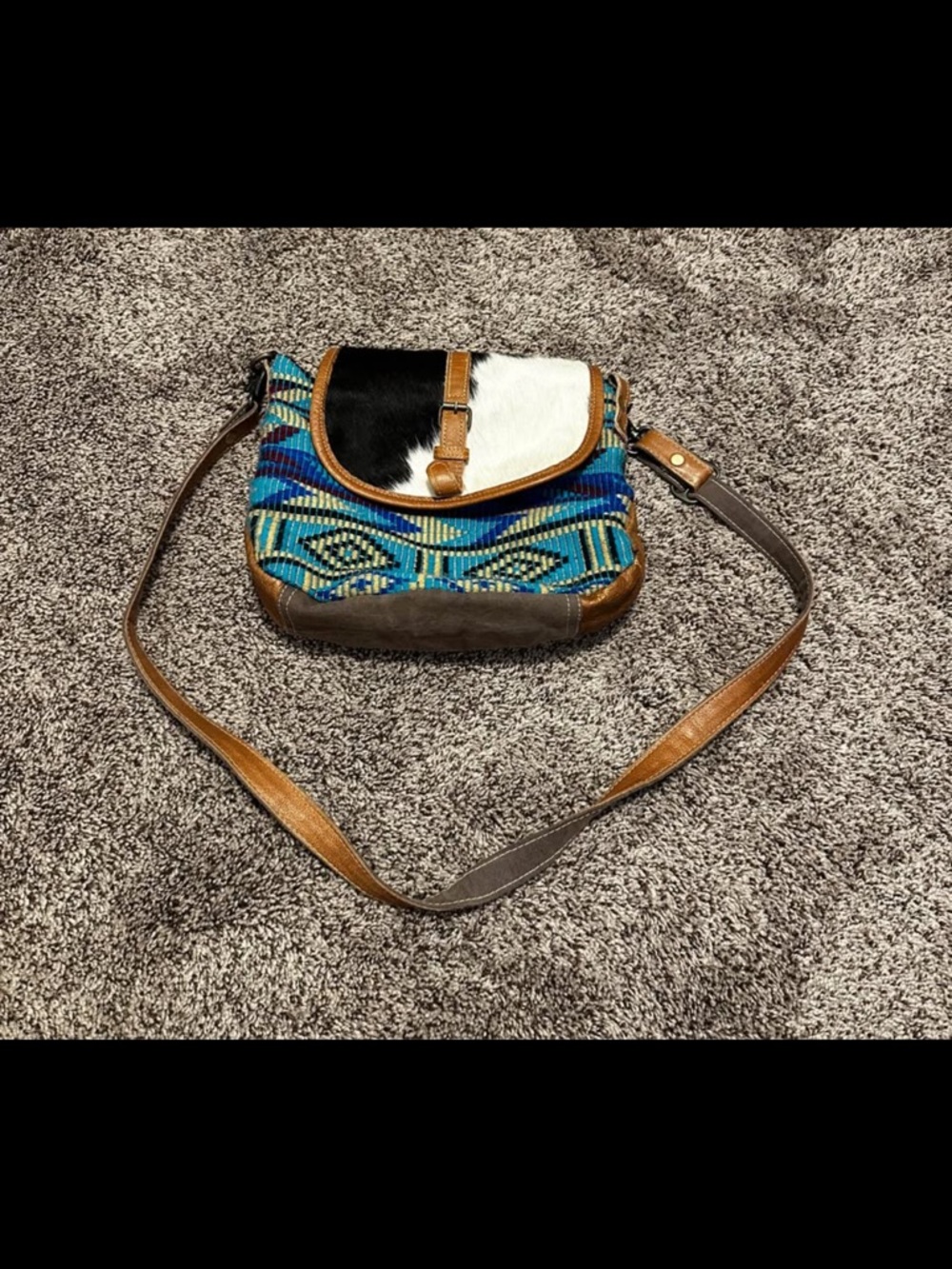 Myra Bag Blue Aztec Woven Crossbody with Black and White Haircalf Flap